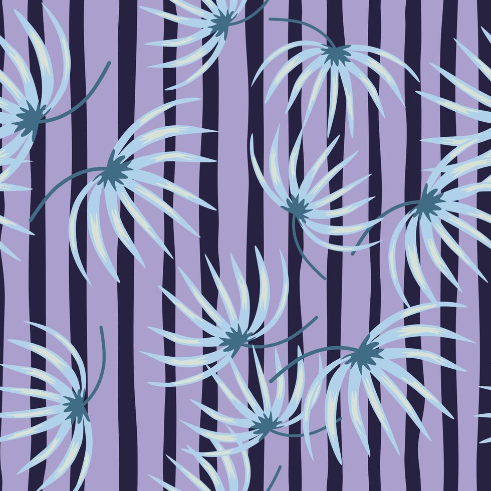 patrón sin costuras de siluetas de hojas botánicas azules aleatorias. fondo de rayas moradas. telón de fondo floral. vector