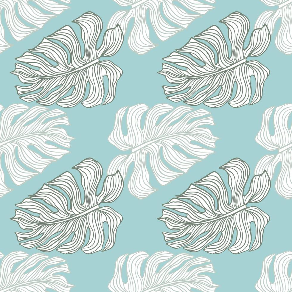 Tropical seamless pattern with contoured mostera leaves print. Blue background. Exotic style. vector