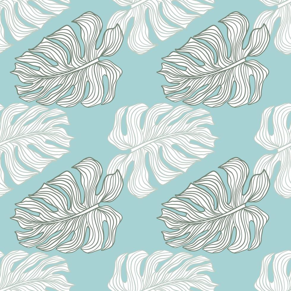 Tropical seamless pattern with contoured mostera leaves print. Blue background. Exotic style. vector