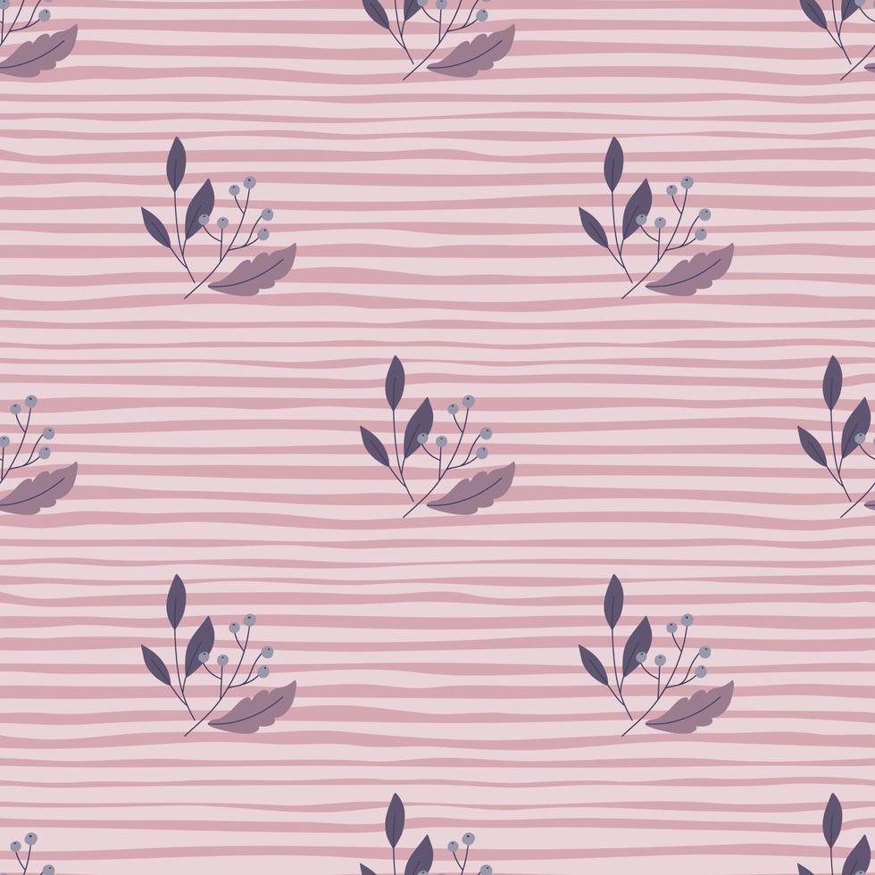 Minimalistic seamless pattern with doodle berry ornament and leaves. Pink and grey striped background. vector