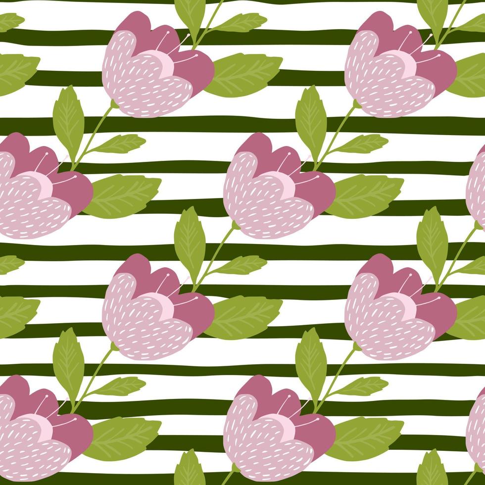 Romantic flowers seamless pattern on stripe background. Vintage botany texture. vector