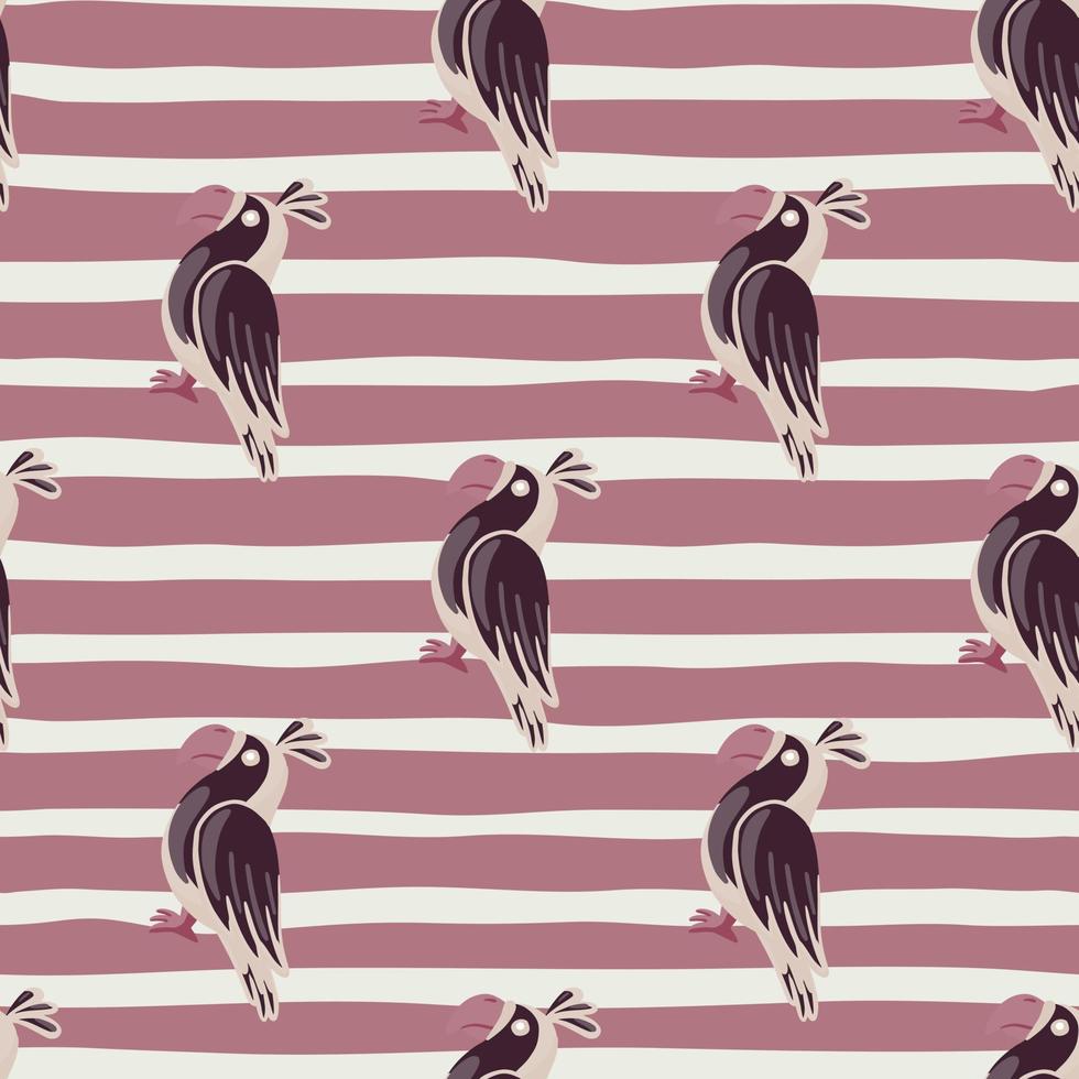 Decorative animal seamless pattern with outline parrots doodle print. Striped purple background. vector