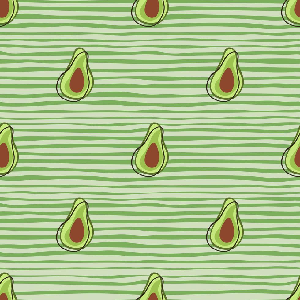 patrón vegetariano sin costuras con estampado simple de formas de aguacate. fondo verde rayado. vector