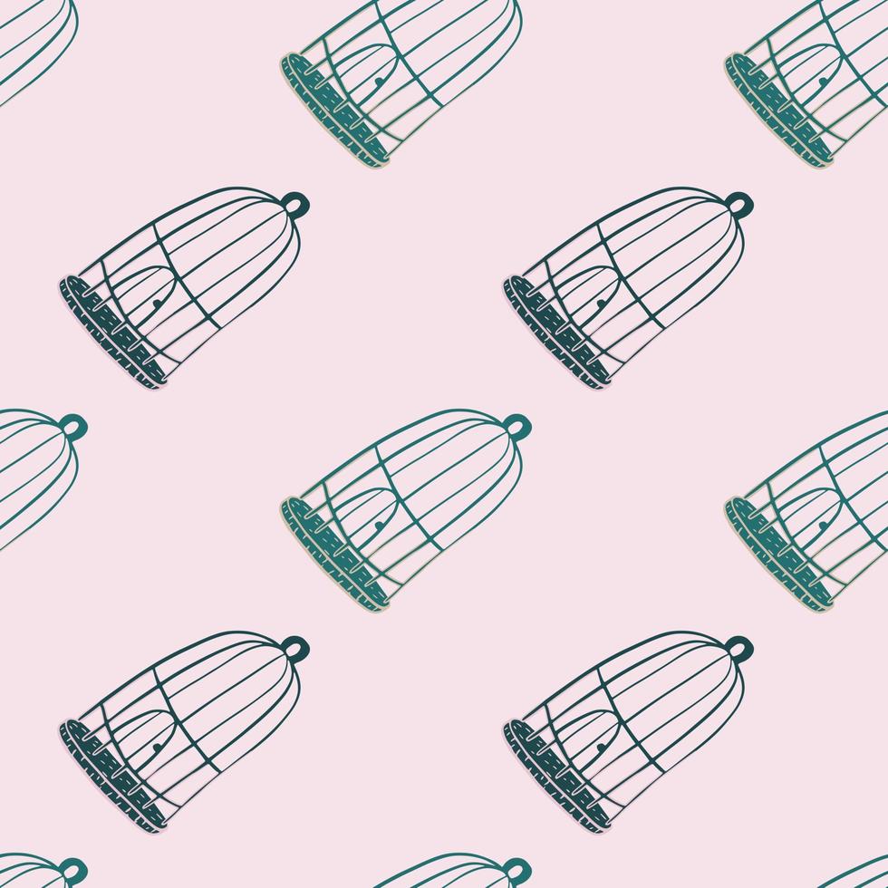 Decorative interior seamless pattern with vintage green bird cage ornament. Light pink background. vector