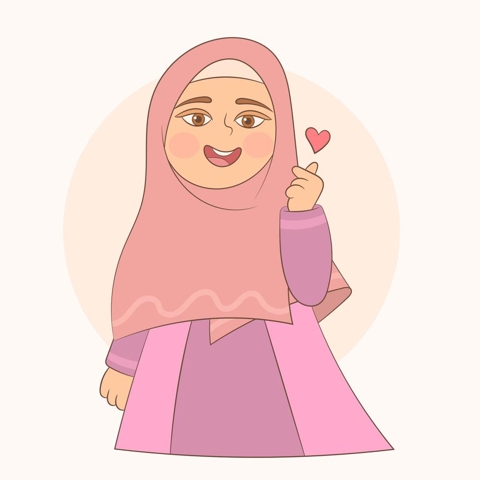 Muslim woman with crossed thumb and forefinger to form a heart symbol vector