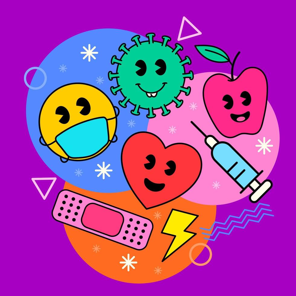 Hand drawn Vector illustrations of Set of Various patches, pins, health, virus, love.