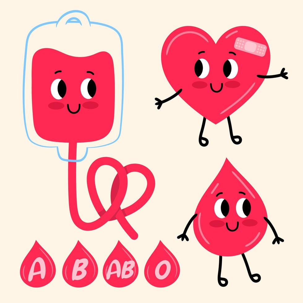 Blood donation set with happy characters vector