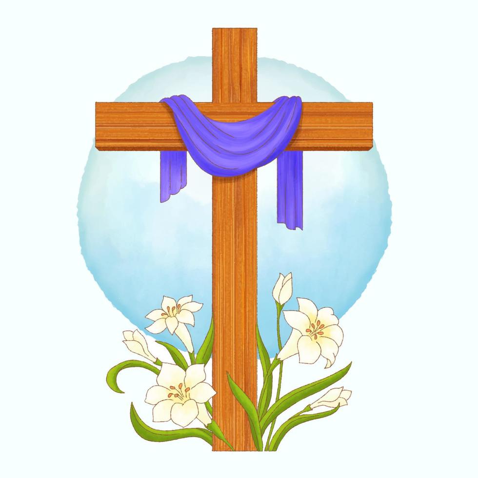 cruz de jesucristo y tarjeta de felicitación de flor de lirio, felices pascuas. vector