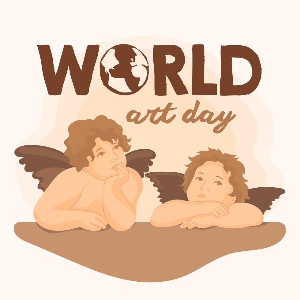 Two angels thinking, iconic fresco painting, World art day card. vector