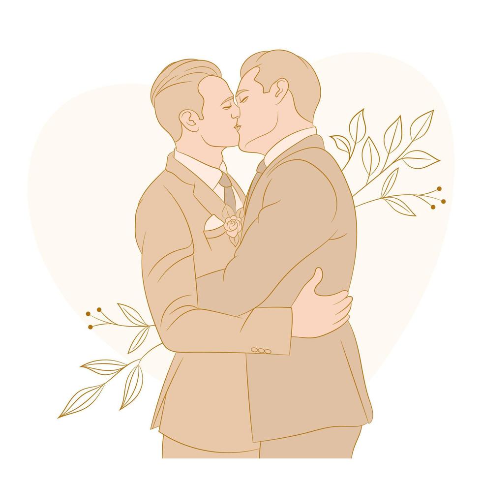 Two gay men in love, after wedding, kissing. vector