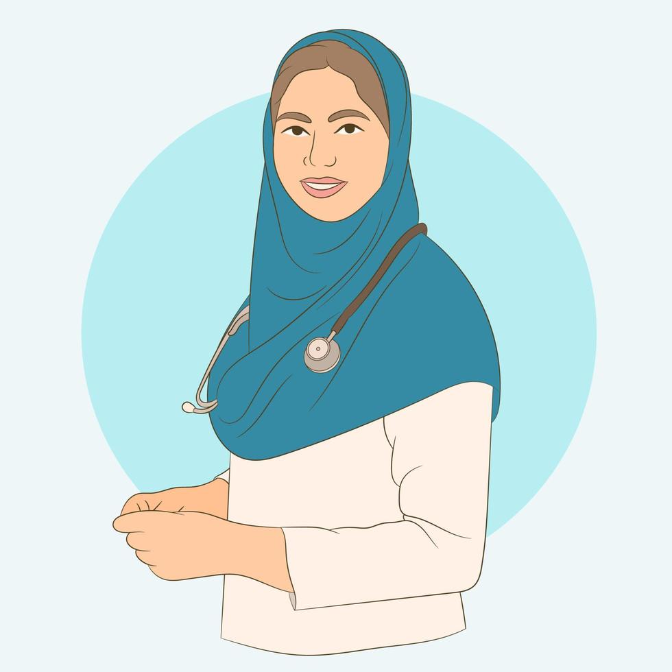 Mujer médica musulmana segura de sí misma posa en el hospital vector