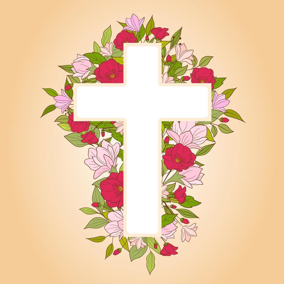 cruz de flores cristianas sobre fondo beige para invitaciones de bautismo,  primera comunión y pascua 5629659 Vector en Vecteezy