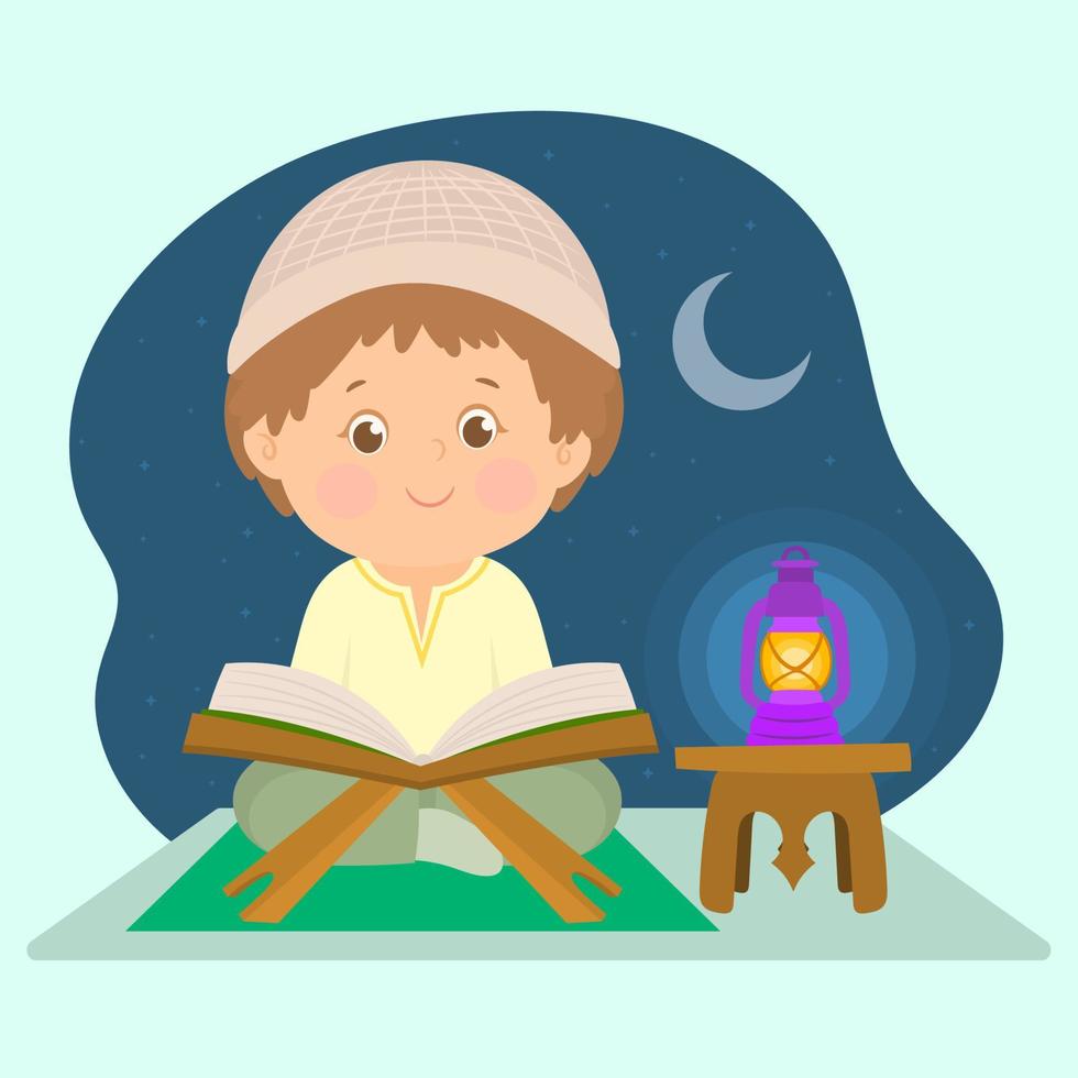 Happy Ramadan. Little Boy Muslim praying on carpet. Reading Quran, Islamic Prayer from the lighting of the a lamp. vector