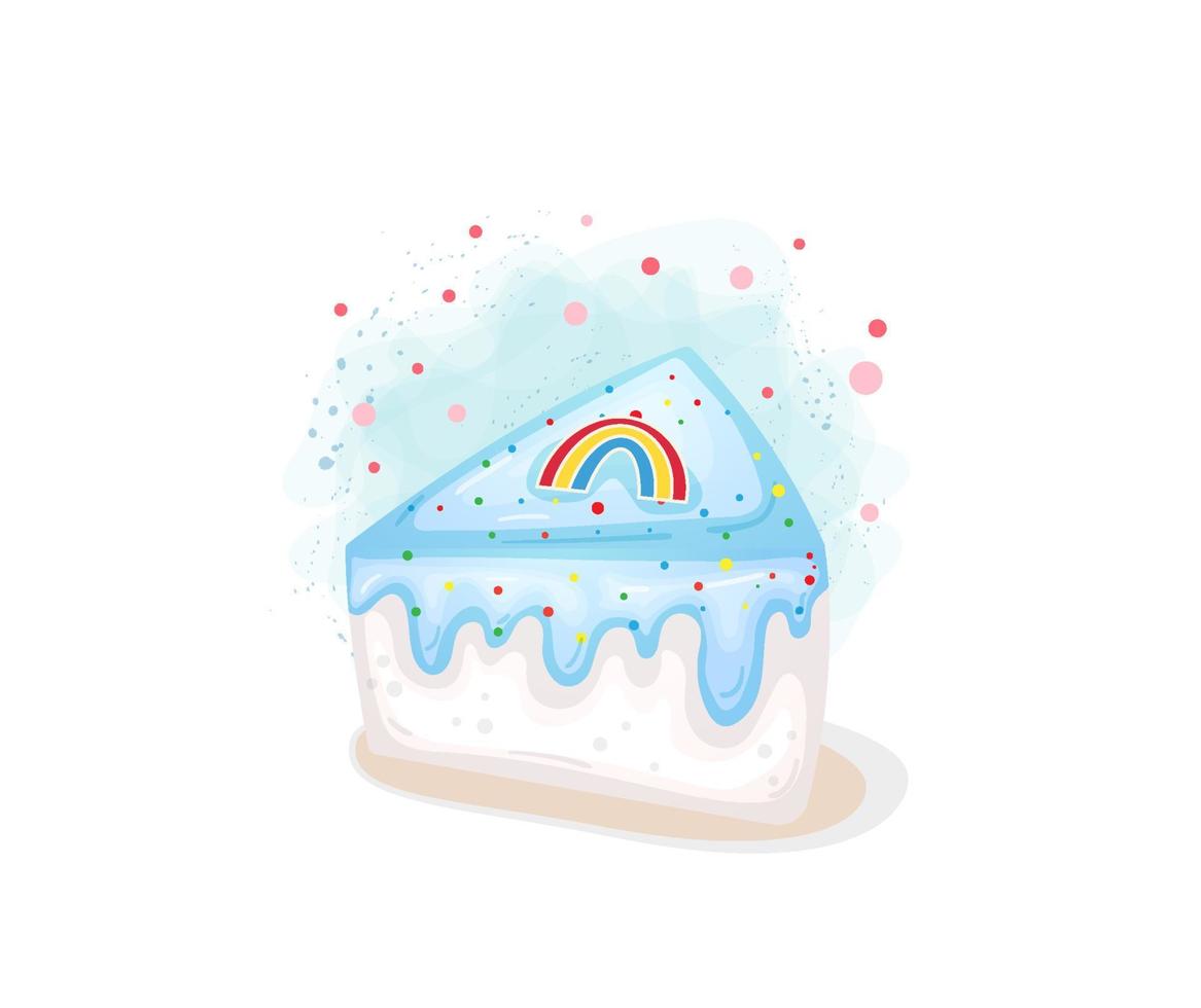 Cute blue cake slices with rainbow candy topping. Delicious cakes in hand drawn style vector