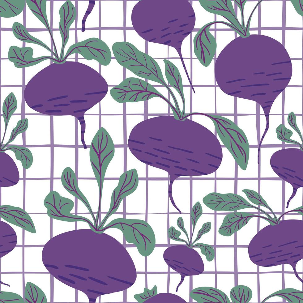 Hand drawn beet seamless pattern on stripes background. Doodle beetroot wallpaper. vector