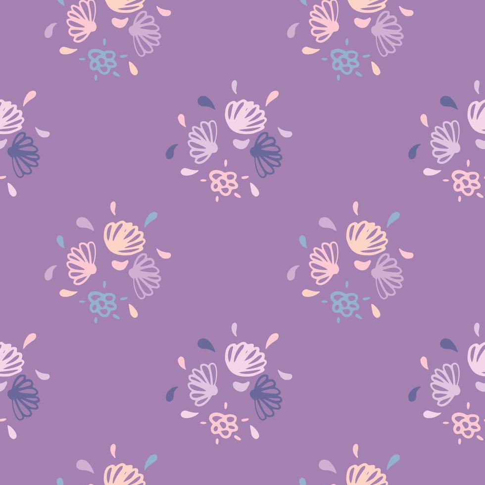 Hand drawn flowers seamless pattern. Doodle botanic elements in sift tones on purple background. vector