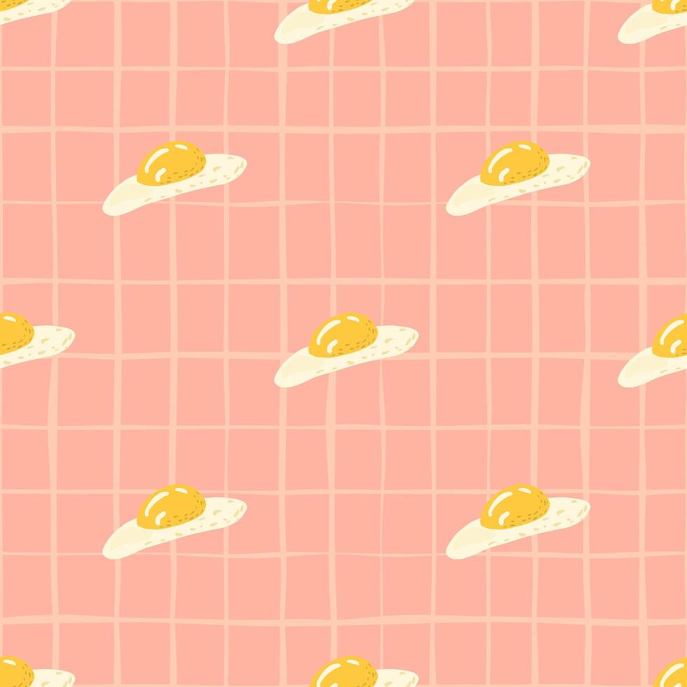 Diagonal eggs ornament seamless stylized pattern. Omelette doodle sketch on pink chequered background. vector