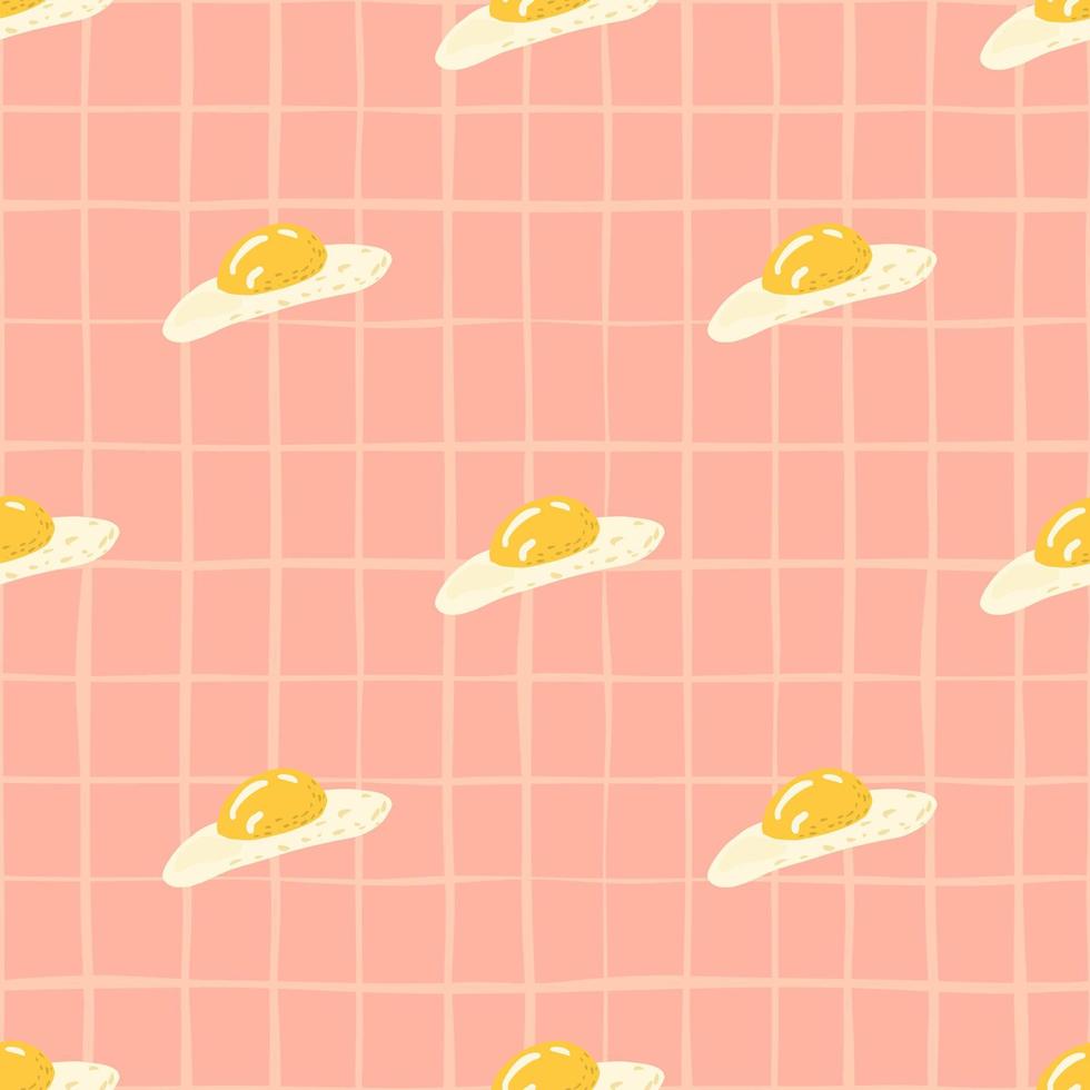 Diagonal eggs ornament seamless stylized pattern. Omelette doodle sketch on pink chequered background. vector