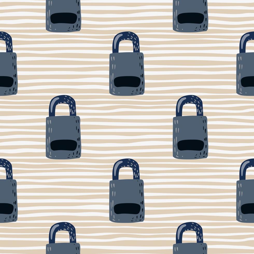 Navy blue colored lock door elements seamless doodle pattern. Light stripped background. Old decoration century print. vector