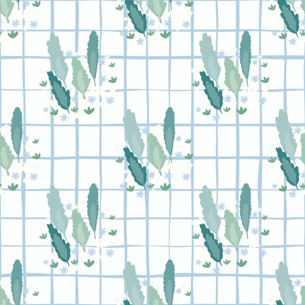 Simple naive seamless pattern with tree leafs in blue tones. Stylized floral print with white background with check. vector