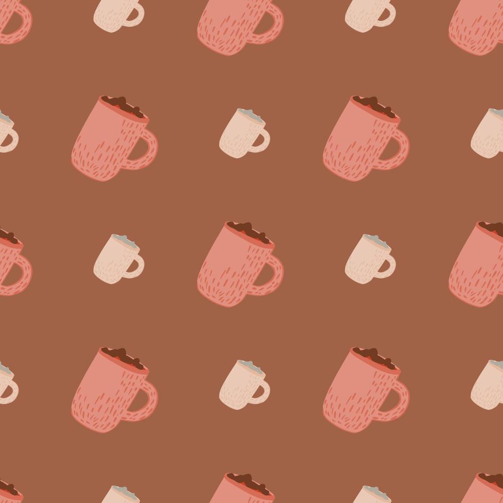 Pink cocoa cup simple seamless cozy pattern. Holiday drink ornament on brown pastel background. vector
