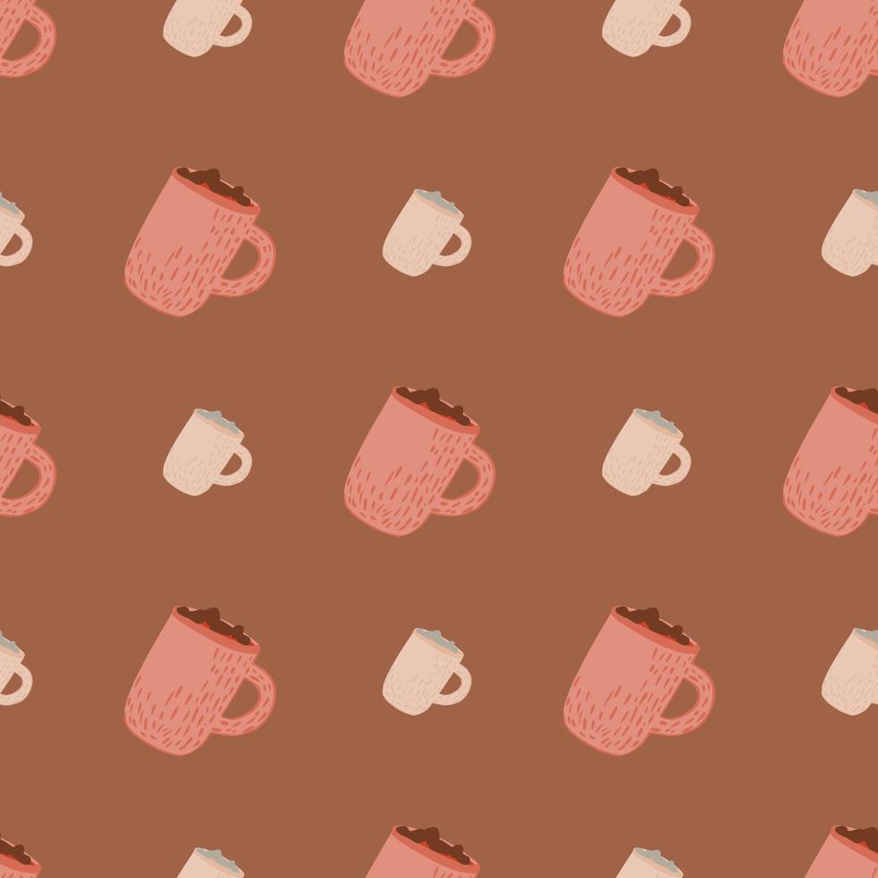 taza de cacao rosa simple patrón acogedor sin costuras. adorno de bebida navideña sobre fondo marrón pastel. vector