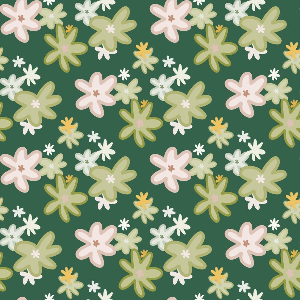Spring seamless floristic pattern with abstract chamomile figures. Green background. vector