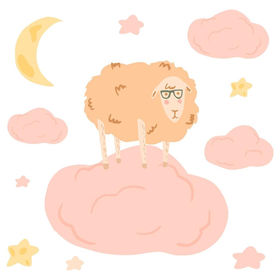 Composition lamb standing on cloud on white background. Abstract cute picture doodle. vector