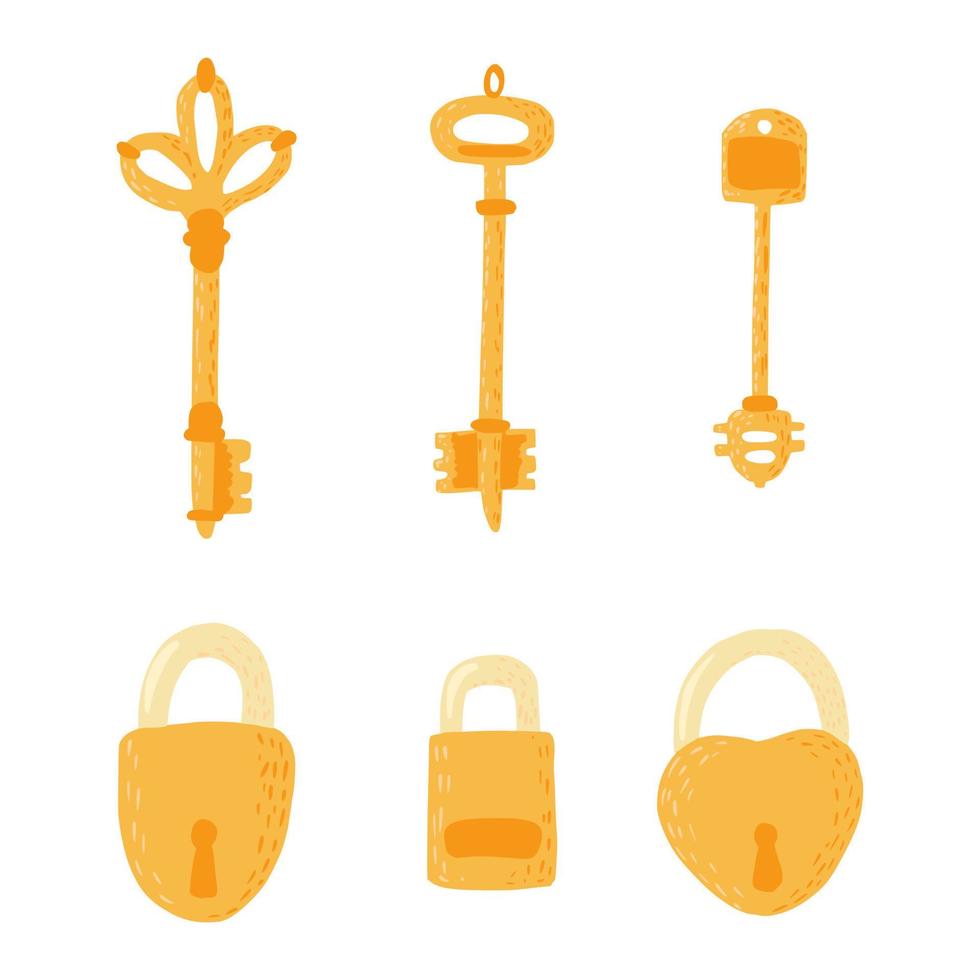 Set keys and locks on white background. Abstract element for doors in doodle. vector