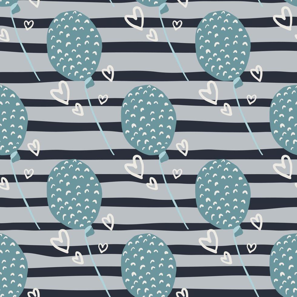 Pale blue balloons seamless doodle pattern. Heart outline silhouettes on stripped background with grey lines. vector