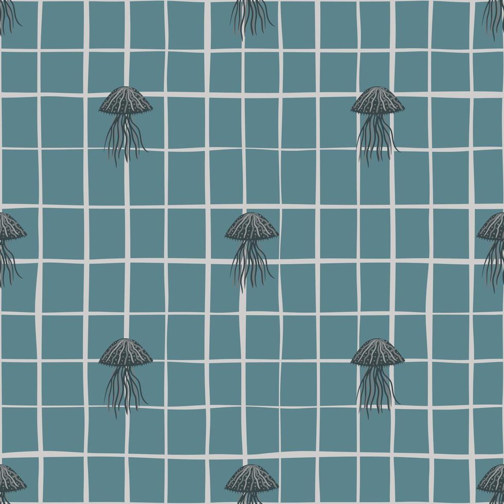 Dark grey little jellyfishes silhouettes seamless pattern. Undersea artwork with dark turquoise chequered background. vector