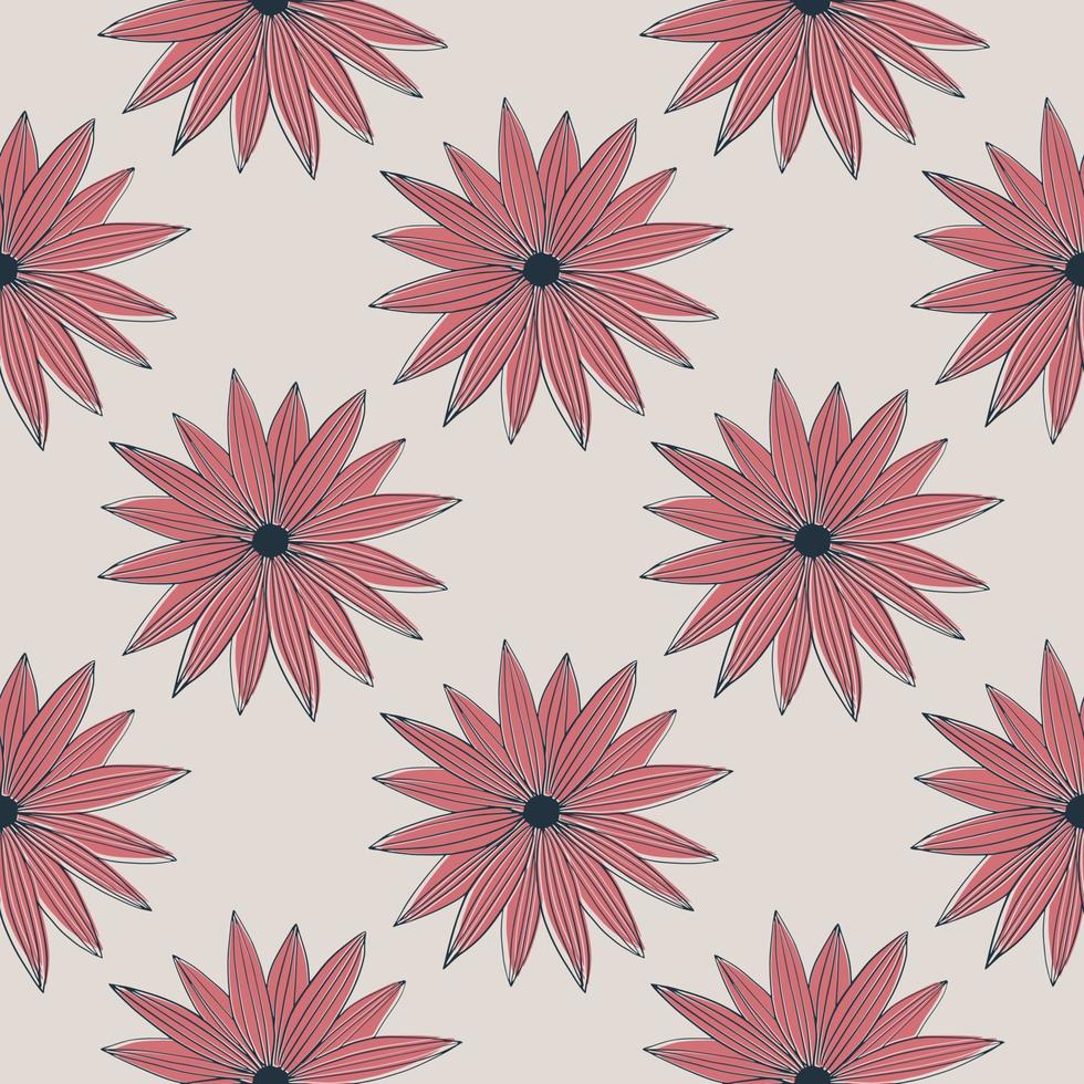 Creative line art bud daisy seamless pattern on light gray background. Geometric floral wallpaper vector