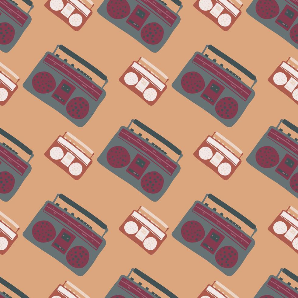 Seamless stylized music pattern with tape recorders. Grey 80s ornament on orange pale background. vector