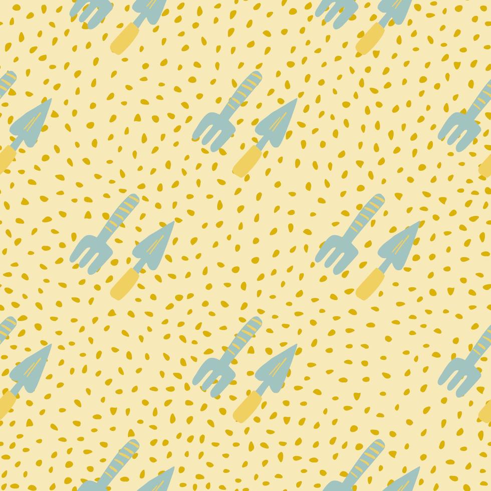 Bright seamless pattern with blue color garden tools silhouettes. Yellow dotted background. vector