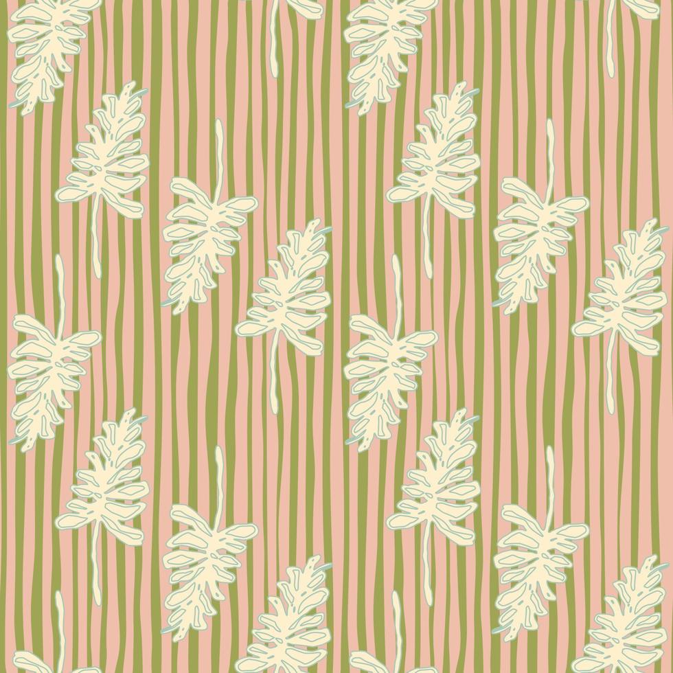 Pastel seamless patten with outline light branch figures. Pink and green stripped background. vector