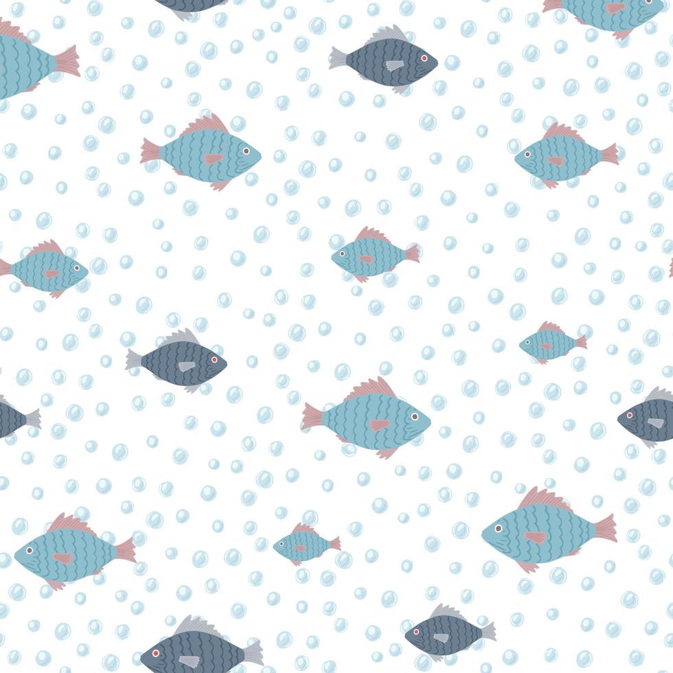 Isolated blue fish ornament random silhouettes seamless pattern. Light sea bubbles on white background. Plankton print. vector