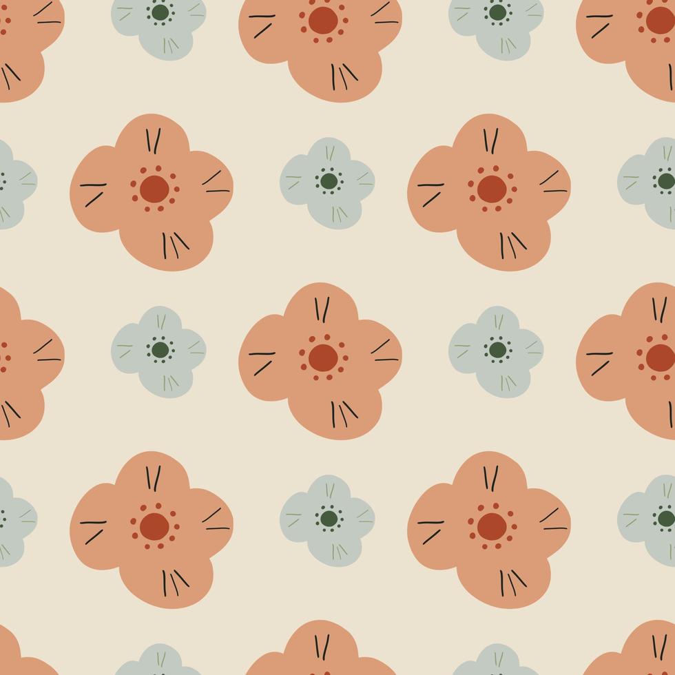 Organic summer seamless pattern with simple orange and blue scandi flowers silhouettes. Grey background. vector