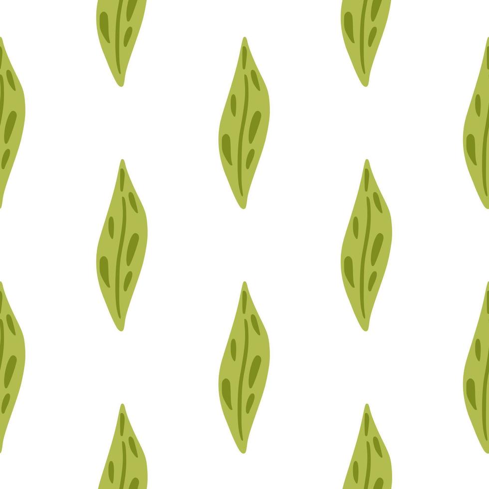 Isolated botanic seamless pattern with simple doodle green leaf ornament. White background. Simple style. vector