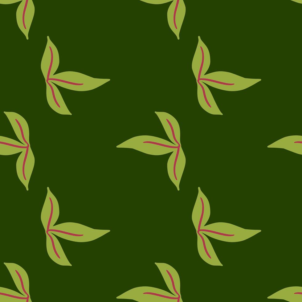 Herbal seamless pattern with hand drawn simple leaf ornament. Dark green background. vector