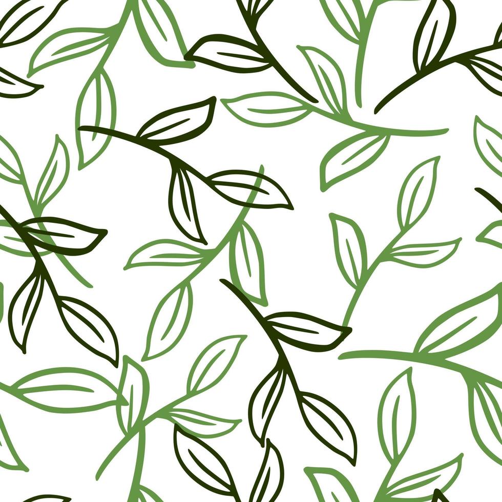 Isolated seamless pattern with hand drawn green colored random outline leaves branches. White background. vector