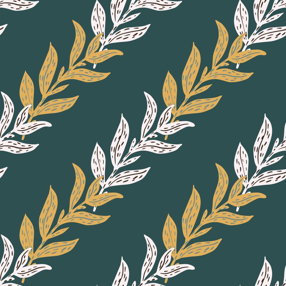 Seamless pattern with botanic hand drawn grey and orange foliage silhouettes on turquoise background. vector