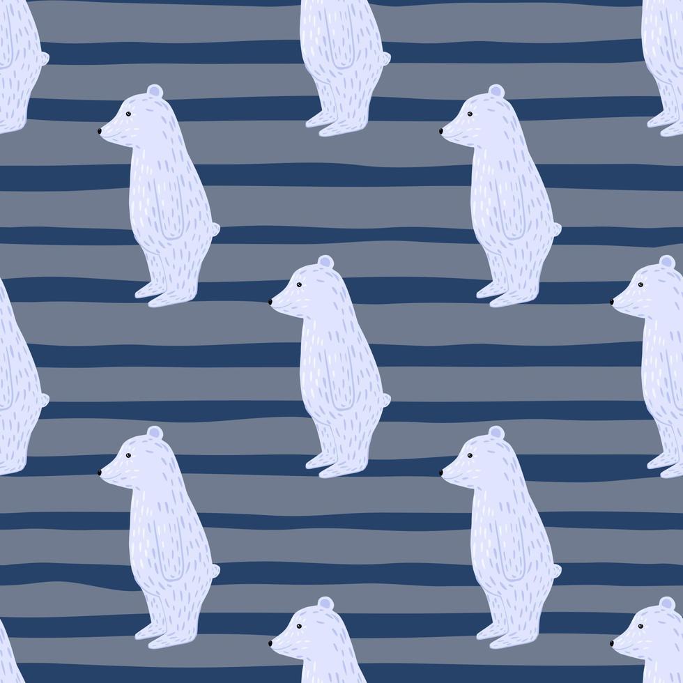 Minimalistic seamless animal arctic pattern with doodle polar bear silhouettes. Grey and blue striped background. vector