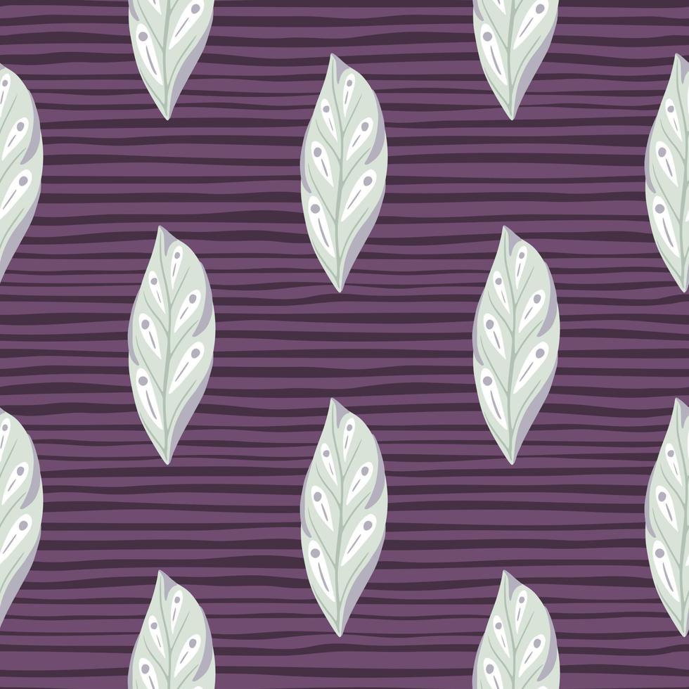 Light blue leaf geometric simple silhouettes seamless pattern. Doodle print with purple striped background. vector