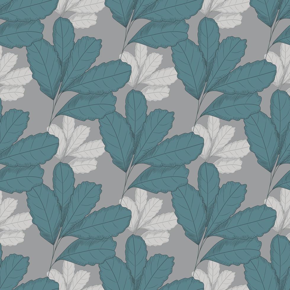 patrón sin costuras de hoja vintage sobre fondo gris. telón de fondo de hojas de árbol. papel tapiz floral de otoño. vector