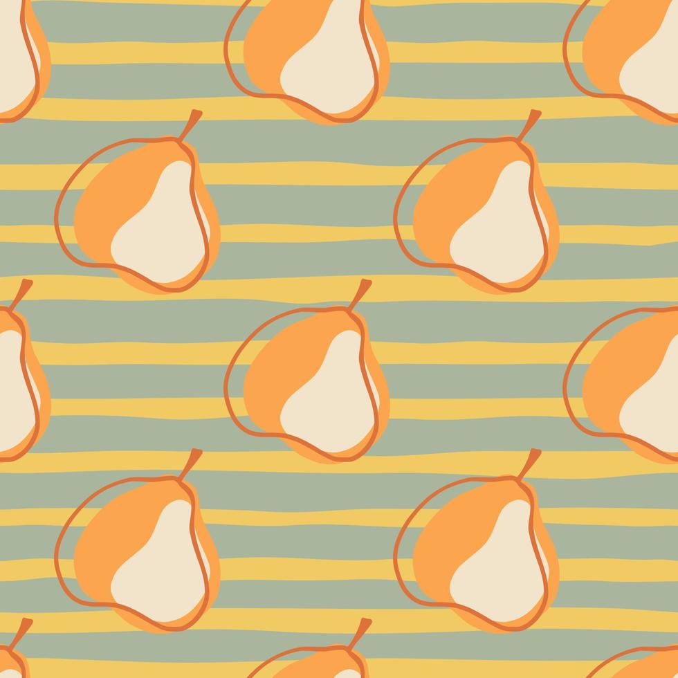 Vitamin healthy seamless pattern with orange contoured pears shapes. Grey and yellow striped background. vector