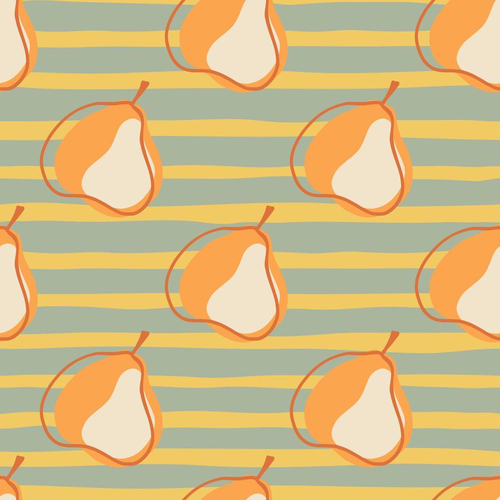 Vitamin healthy seamless pattern with orange contoured pears shapes. Grey and yellow striped background. vector