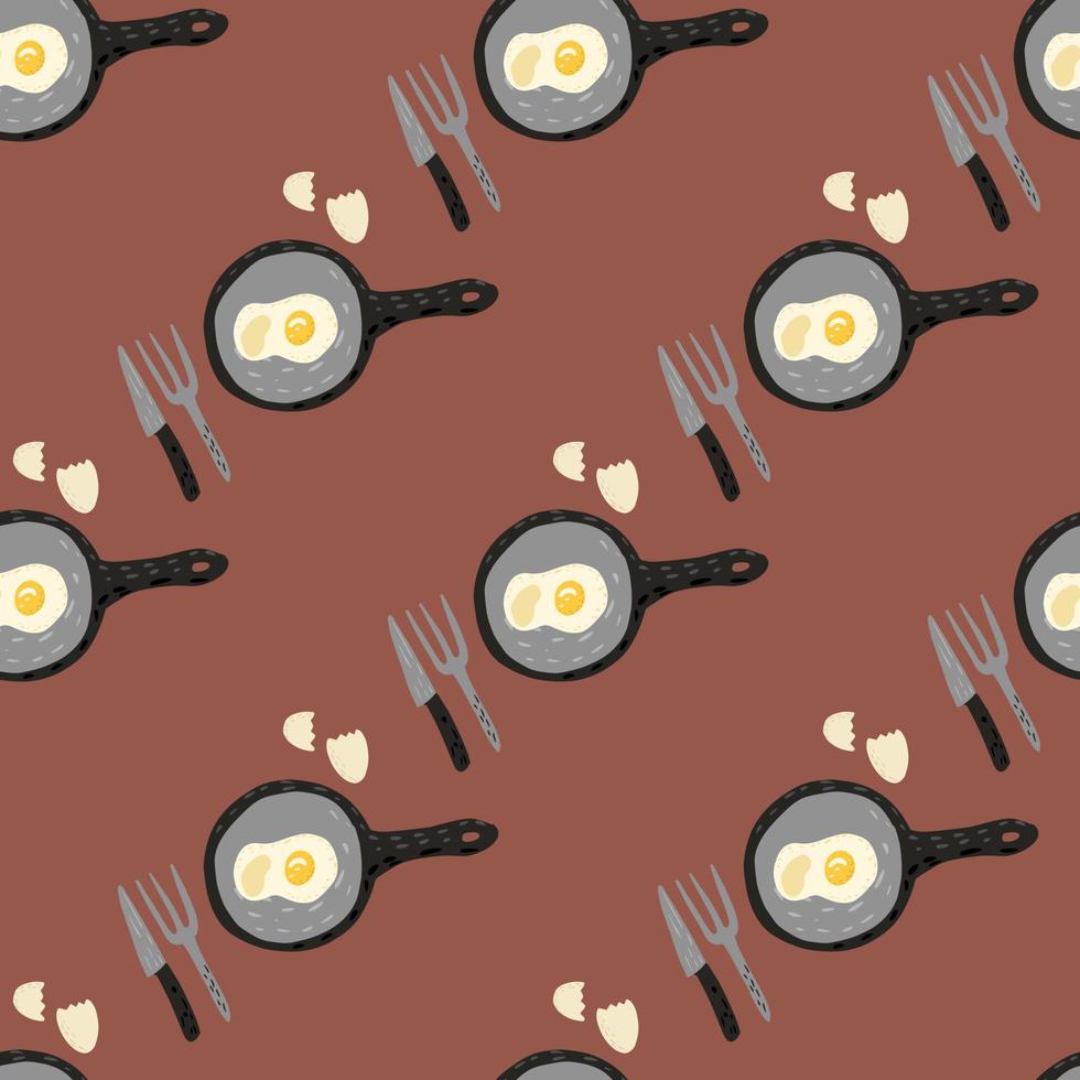 Breakfast with eggs seamless doodle pattern. Dishware ornament with omelette on brown background. vector