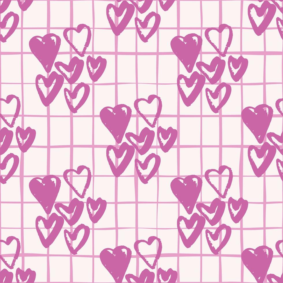 Lilac heart hand drawn elements seamless pattern. White background with check. Simple love backdrop. vector