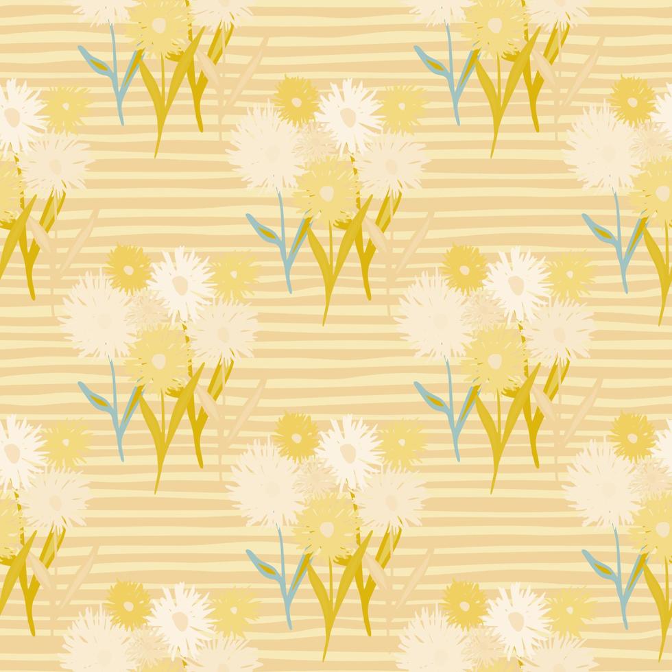 Dandelion abstract bouquet seamless pattern. summer backdrop with stripped background and flower ornament in yellow and white tones. vector