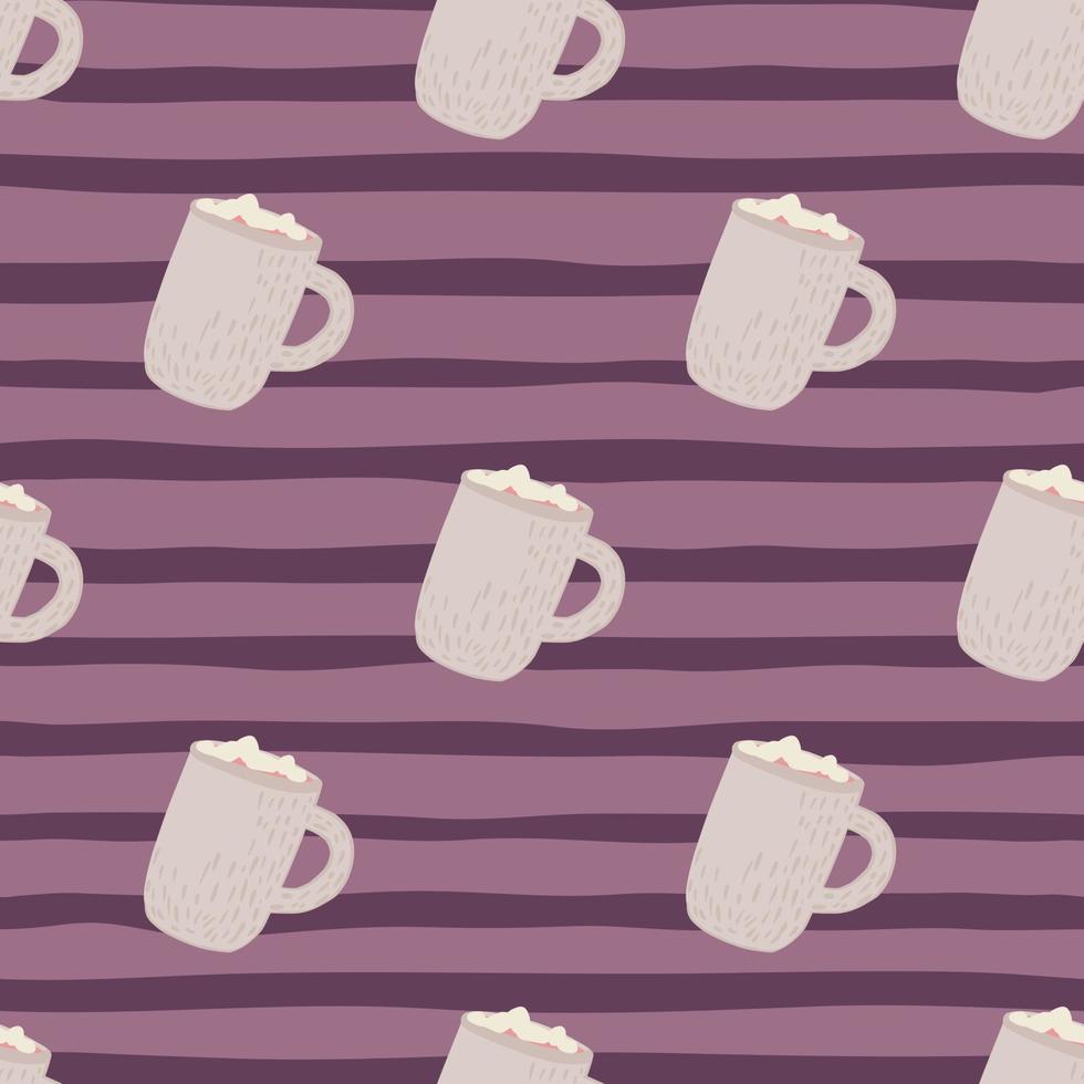Pastel holiday winter chocolate cups with marshmallow seamless pattern. Purple striped background. vector